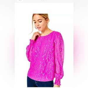 Lilly Pulitzer Idina Silk Top Elderberry Fish Clip Chiffon Pink Gold S